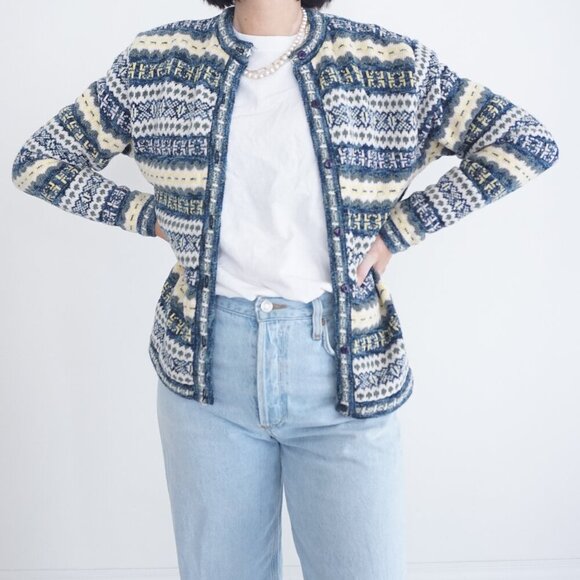 Vintage Christopher & Banks Blue Knit Norwegian Button Up Cardigan Sweater L - Picture 1 of 10